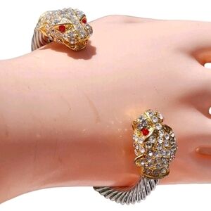 Panther Head Cable Wire Cuff Bracelet Two Tone Rhinestone Leopard Red Eyes
